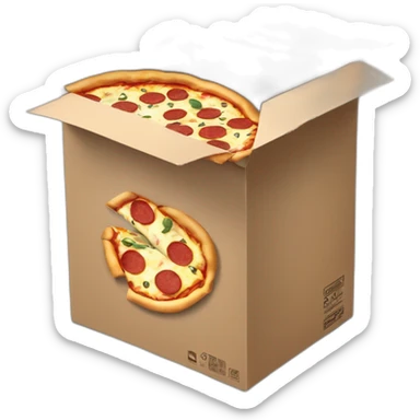 Partially opened pizza box visible from the back sticker