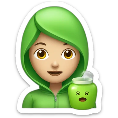 Woman with round head and green hoodie and hot water bottle in her hand  sticker