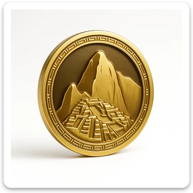 minimalist circular Machu Picchu logo, simple mountain outline, gold and black, clean lines, modern branding feel sticker