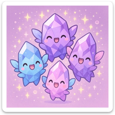 kawaii chibi style group of crystal sprite creatures in purple, blue, and pink, with tiny magical wings, celebrating together, magical sparkles, joyful scene sticker