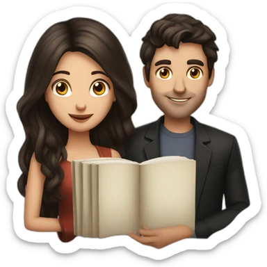 a brunette guy and long dark hair lady with a book sticker