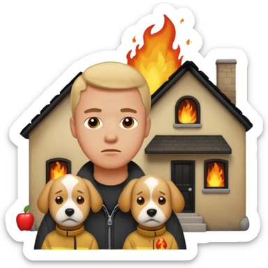 sad man standing with a house on fire behind him, pet dog beside him, apple style emoji sticker