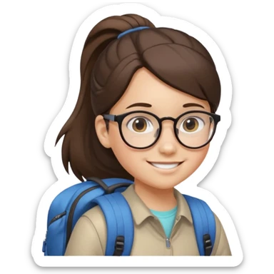 student brunet kid girl, ponytail wearing glasses with backpack sticker