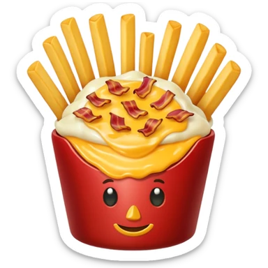 fries topped with melted cheese, bacon, and green onion sticker