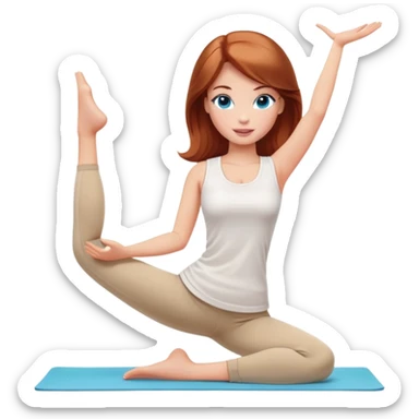 A Barbie girl with blue eyes, shoulder-length reddish-brown hair, made-up, wearing a white T-shirt and beige leggings, does yoga sticker