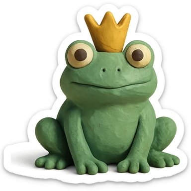 frog with a tiny crown in claymation style with a matte finish sticker