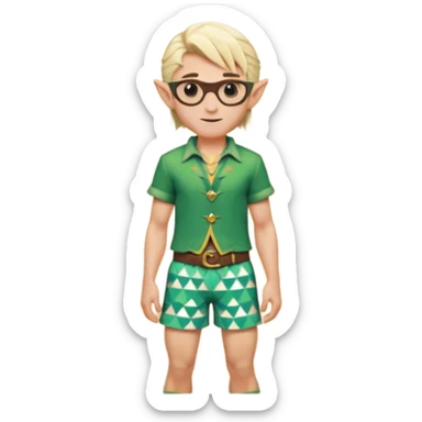 elf male legolas portrait, patterned board shorts (geometric/abstract), unique wooden-framed sunglasses, undercut hairstyle, slight smirk, visible pointy ears, no background, centered emoji, hipster summer vibe sticker