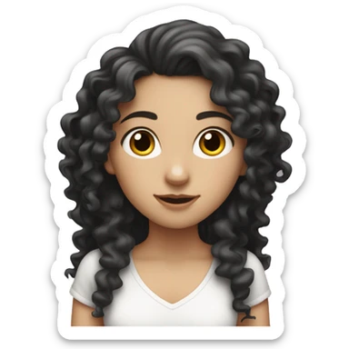 white girl with long black curly hair holding a brisk sticker