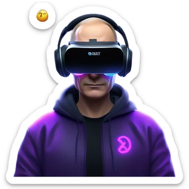 Putin wearing a black hoodie with "OMG" letters on it and VR headset oculus quest 2 in a cyberpunk VR environment with violet neon lighting. sticker