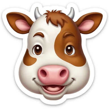Cinematic Comical Brown and White Cow Portrait Emoji, Head tilted dramatically with an exaggeratedly amused expression, featuring a striking, glossy hide with a dynamic mix of brown and white, wide, expressive brown eyes filled with playful disbelief, Simplified yet hilariously expressive features, highly detailed, glowing with a slightly sassy glow, high shine, dramatic yet playful, stylized with an air of cheeky mischief, bright and endearing, soft glowing outline, capturing the essence of a spirited and over-the-top cow, so meme-worthy it feels like it could moo its way into internet fame instantly! sticker
