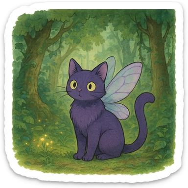 ghibli style purple cat with fairy wings in an enchanted forest sticker