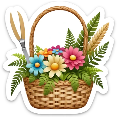 Icon for Floristry: a woven basket with flowers, reeds, ferns, bright ribbons and a small plush toy. Add scissors and knife. The icon should represent creativity in flower arrangement and decorative design. Transparent background. sticker