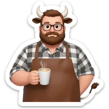 big buff man in a checkered shirt with beard in glasses with extra large fat tits with cow ears and cow tail dressed like barista in brown apron with latte in his hand sticker