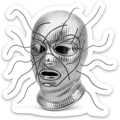 The mask is a full-head, white knitted balaclava with a tight ribbed texture. It features two asymmetrical eye openings and a partially exposed mouth area. Black thread is stitched across the surface in chaotic, abstract lines that trace facial features, giving a hand-drawn effect. Several black cords extend outward from the mask, varying in length and direction, adding a sculptural, almost organic appearance. The overall look is bold, handcrafted, and visually striking. sticker