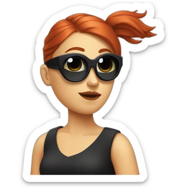 Bad Redhead girl bun Sun glass bun and wearing black with a cockatiel in the shoulder sticker
