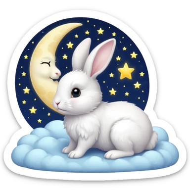 a white bunny in the foreground (no small details) and a large crescent moon in the background sticker