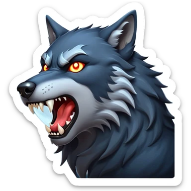 cinematic-noble-fierce-werewolf-howling-portrait-emoji, poised-and-imposing, with a fierce wolfish face tilted upwards in a haunting howl, glowing eyes full of primal ferocity, sharp, and a rugged snout, fur rippling in shades of midnight black and silver, muscles tensed as the powerful howl echoes beneath the moonlit sky; rendered with realism, capturing the raw, untamed power of the beast in its wild, primal state sticker