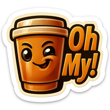 Tall coffee cup, mischievous smirk, looking sideways, big "Oh My!" sticker