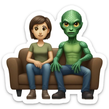 alien reptilian woman and humman man, sitting on a couch  sticker