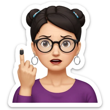 middle aged woman with dark hair pulled up in a high bun, wearing round ring earrings and glasses blocking her ears with her index finger, with a very painful expression on her face  because she cannot stand hearing a terrible singer who is too loud and out of tune.   sticker