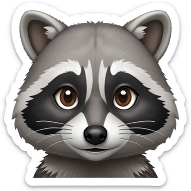 Cinematic-Noble-Raccoon-Portrait-Emoji – Poised and confident, with a sturdy build and a beautifully textured fur of silver-grey accented by dark black facial markings, deep-set, intelligent brown eyes, simplified yet sharp and sophisticated zoom out to show shoulders sticker