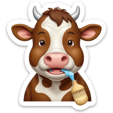 A cow brushing its teeth, looking sleepy and drowsy, portrait, bust up sticker