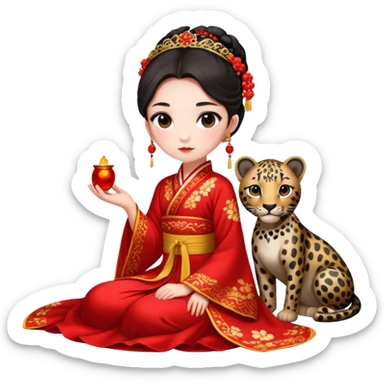 A beautiful girl in red Hanfu wedding dress sits on the ground holding a black leopard sticker