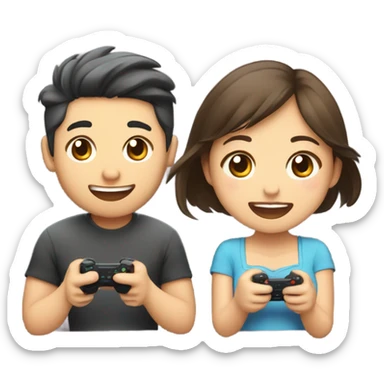 Cute asian couple excitedly playing video games sticker