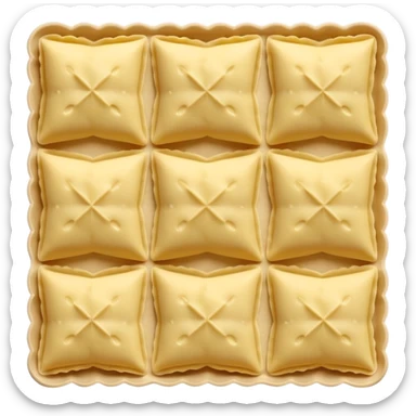 small square ravioli sheets with pale slightly yellow dough, delicately crimped edges, subtle central bump suggesting soft filling, smooth matte surface with light flour dusting, loose overlapping scatter, raw ravioli, soft lighting, subtle shadows, emoji scale sticker
