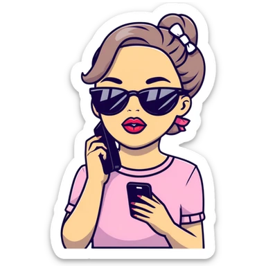 Girl with huge lips, sunglasses, bow on her hair, holding a phone with attitude sticker