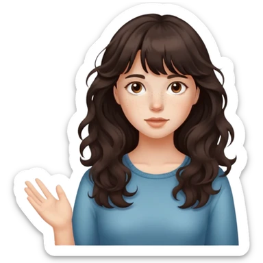 Niña con el pelo color marrón oscuro ondulado con flequillo y pecas  sticker