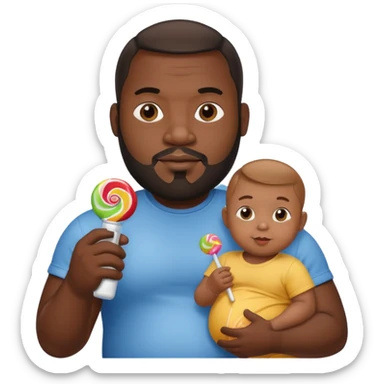 Big black man hold a  baby bottle and a lollipop sticker