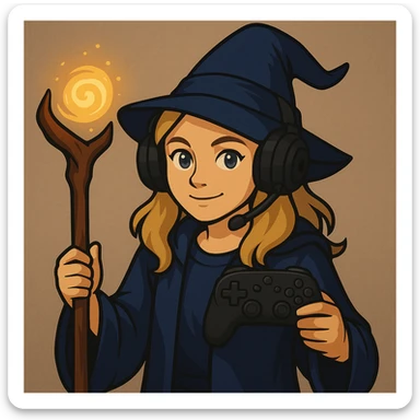 Make the girl wizard have blond hair, blue eyes, and a dark blue outfit. She is a gamer with a magic staff and game controller, wearing a wizard hat and headphones. Keep the gaming and magical theme consistent. sticker