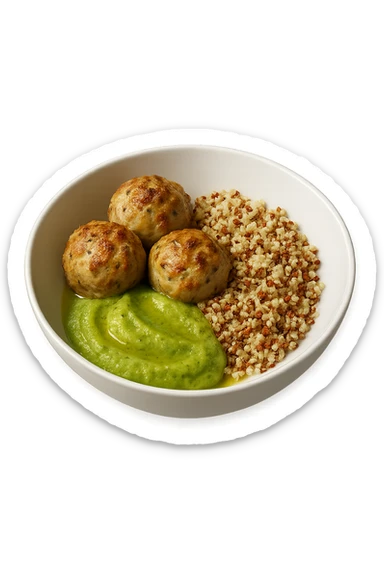 bowl bianca fluttua in aria con polpette di tacchino, purè di zucchine, quinoa e olio di oliva, iperrealistico 4k sticker