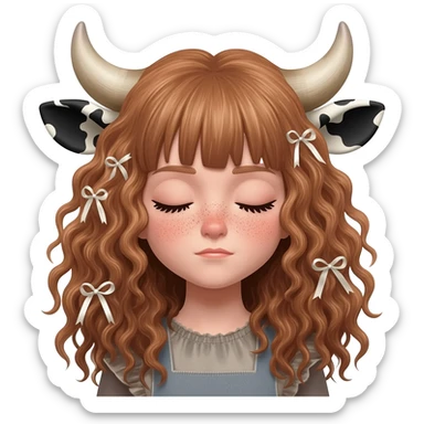 curly girl with freckles with messy light brown bangs covering the eyes with cow horns and cow ears with ribbon in her hair sticker