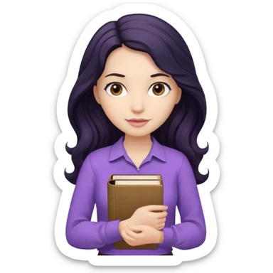 Long Hair Women with Black wavy hair, with purple Book, beige shir, without background sticker