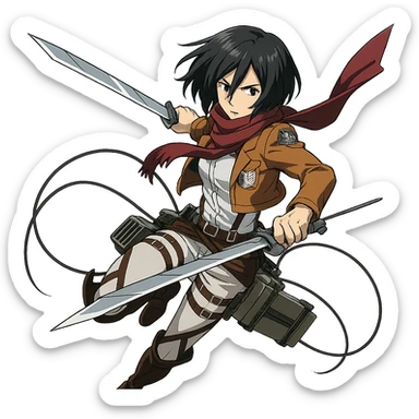 Mikasa Ackerman in action pose, scarf flowing, dual blades, dynamic anime style sticker