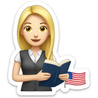 English teacher female with English book with Ukrainian and usa flags sticker