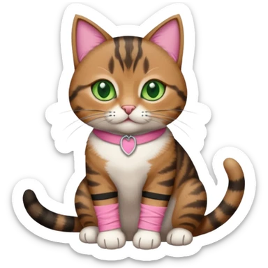 a  brown and black tabby cat, with a pink bandage on her front paw, realistic sticker