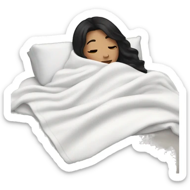Woman with black hair  laying down cozy in a white blanket  sticker