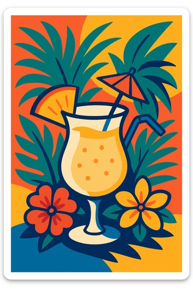 pina colada with palm leaves and tropical flowers, festive, colorful, party mood sticker