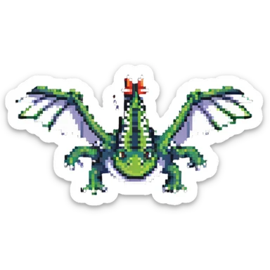 playful crocodile with airplane wings and tail, pixel art style sticker