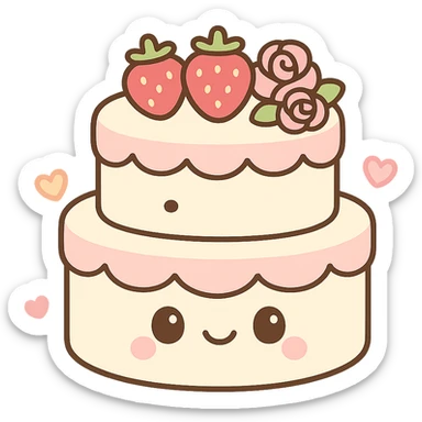 white wedding cake with strawberries, pink roses, no topper, kawaii style sticker