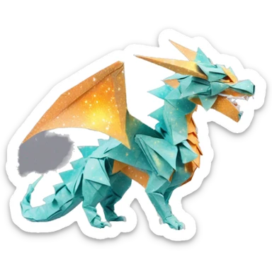 Sparkling patterned Beige Origami dragon with a dried flower crown made of newspapers intricate patterns surrounded by fairy lights nebula galaxy stars swirls iridescent orange cyan yellow sticker