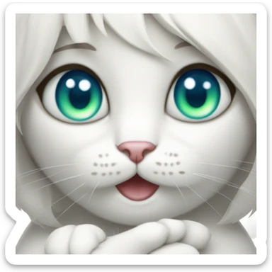 A white cat with blue eyes in the arms of a brunette girl with green eyes sticker