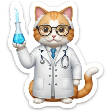 cat full body sitting wearing scientist glasses and a lab coat sticker