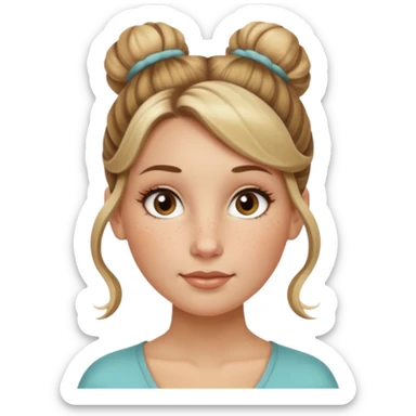 creative women with long dark Blond with highlights semi curly hair white women with hair in a top bun, oval shape face hazel eyes long lashes freckles on the nose high cheek bones sticker
