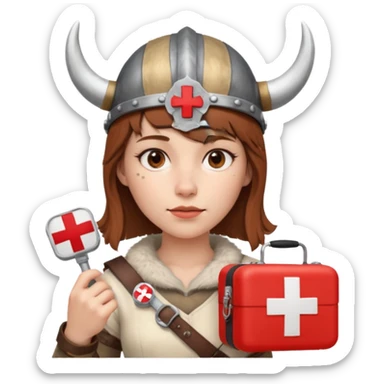 A young woman with short, chestnut-brown hair, styled in a Viking fashion and wearing a horned helmet. She holds a medical kit with a red cross icon in her hand. A stereoscope hangs around her neck. sticker