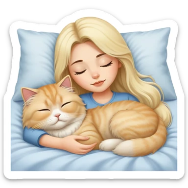 pretty girl with dark long hair sleeping with blonde fluffy  persian cat in bed sticker
