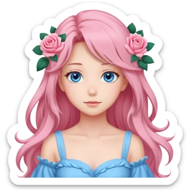 Gorgeous pastel anime lady with roses in long hair and pink dress with blue eyes sticker